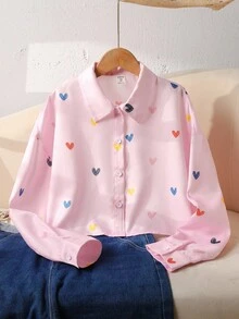 SHEIN Tween Girl Casual Heart Print Long Sleeve Shirt Fall Winter