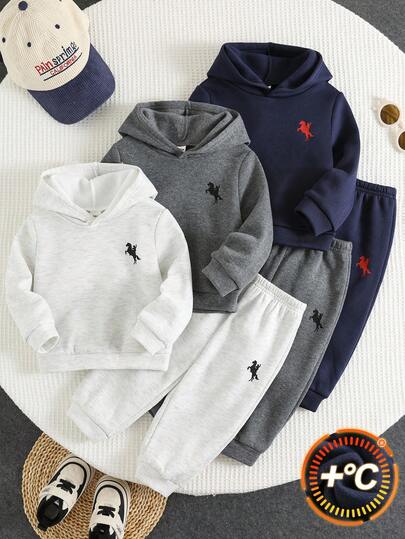 SHEIN 6pcs Baby Boy/Girl Cute Cartoon Pattern Fleece Hoodie Sweatshirt And Jogger Pants Tracksuit Set, Unisex Baby Winter Clothes