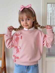 Young Girl' Pink 3D Bow Crew Neck Fleece Sweatshirt T-Shirt, Autumn/Winter - Pink - View 4
