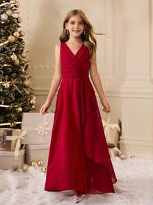 女孩优雅的勃艮第无袖中长连衣裙，适合晚会、婚礼、生日、毕业典礼、圣诞节、万圣节和其他场合