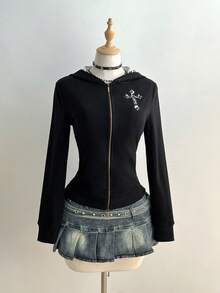 Elamini 1 件女式黑色豹纹拼布连帽修身二合一前拉链长袖休闲街头夹克，秋冬 - 黑色 - 查看 6