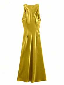 Elegant Women's Long Waist Gathered Ruffle Design Dress - Yellow - View 2