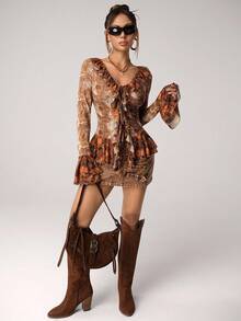 SHEIN ICON Women's Floral Print Ruffle Trim Tie Front Blouse