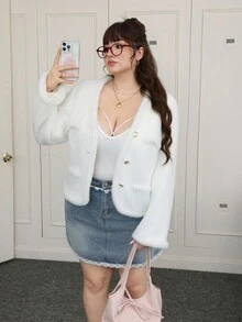 SHEIN EZwear 大码女式纯色性感简约毛绒薄款夹克，秋冬 - 白色 - 查看 8