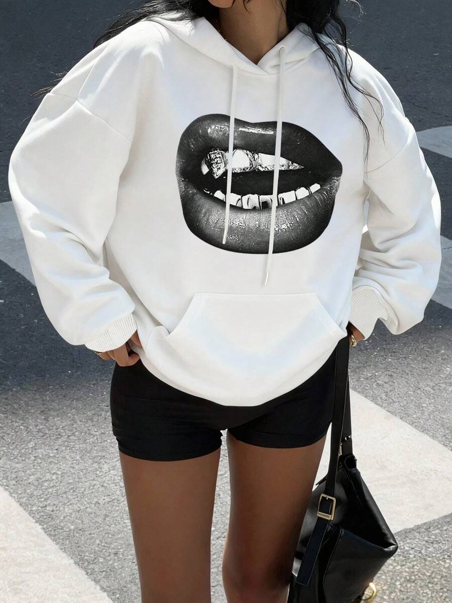 Slaydiva Sudadera holgada de mujer con capucha con cordón, de manga larga, con estampado minimalista de labios en color blanco, para otoño/invierno - Blanco - Ver 1