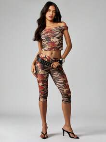 MISSGUIDED Floral Animal Print Two Piece Co-Ord Set Off Shoulder Crop Top And Capri Pants Festival Summer Party Casual Outfit - Multicolor - View 4