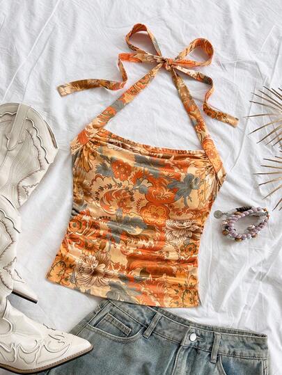 Soleia Allover Print Ruffle Decor Fitted Casual Halter Tie Front Top For Women