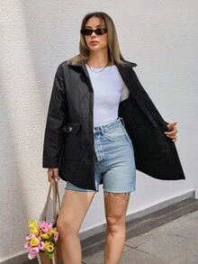SHEIN Cottnline Quilted Jacket, Button Up Puffer, Lightweight Outerwear, Casual Fall Coat, Casual Street Style - Black - View 8