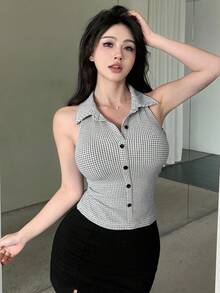 Dazy Designer 女式无袖单排扣休闲领衬衫外出上衣 - 黑與白 - 查看 2