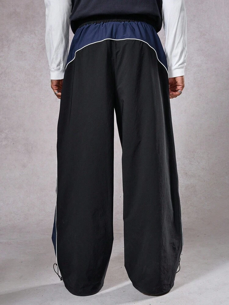 Men's Autumn Patchwork Contrast Color Embroidery Design Drawstring Hem Pants