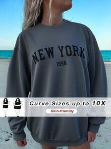 SHEIN CURVE+ 秋冬大码休闲宽松纽约图案圆领长袖女式运动衫 - 深灰色 - 查看 1