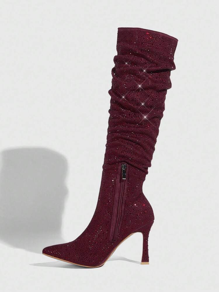 CUCCOO SZL Women's Pointed Toe Rhinestone Embellished Wrinkled Burgundy Stiletto Knee-High Boots, Sexy Party Club Wear For Christmas Spring Shoes