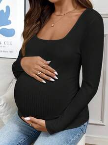 SHEIN Maternity Casual Solid Color Square Neck Long Sleeve T-Shirt, Autumn - Black - View 6
