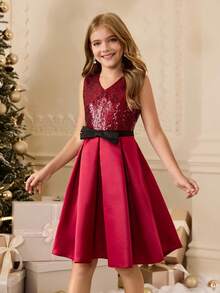 Abito elegante da ragazza con paillettes senza maniche, adatto per Natale, vestito da damigella per matrimonio, festa di compleanno, celebrazione festiva, esibizione - Rosso - Visualizzare 7