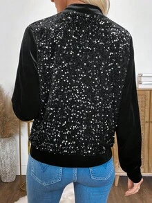 EMERY ROSE Women's Fashionable Commuter Sequin Patchwork Jacket In Fall/Winter,Cozy Fall And Winter Clothes For Women - Black - View 2
