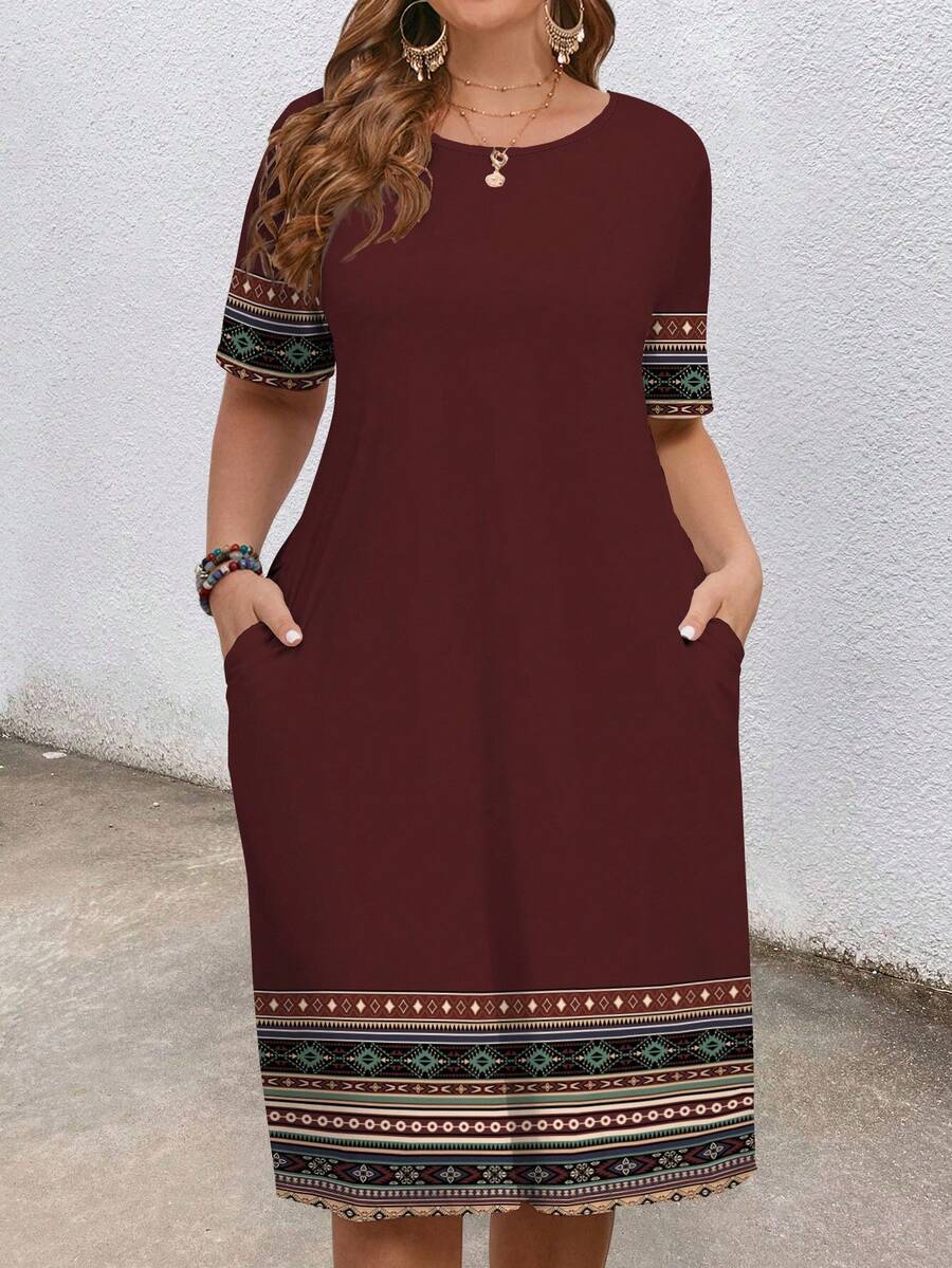 Mellowie Plus Size Women's Round Neck Short Sleeve Stripe Retro Print Dress, Suitable For Spring Summer Vacation Chic Dress - Multicolor - View 1