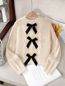 SHEIN Tween Girls' Casual Elegant Knitted Colorblock Bow Turtleneck Sweater, Versatile & Cute For Everyday Wear, Autumn/Winter Fall - Khaki - View 7