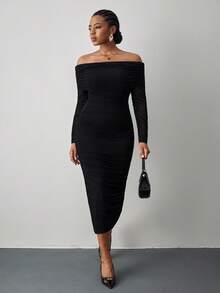 SHEIN Tall CURVE Robe moulante en maille froncée avec épaules dénudées - Noir - Voir 4