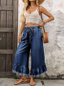 EMERY ROSE Plus Size Women Casual Frayed Hem Jeans, All Season - Dark Wash - View 3