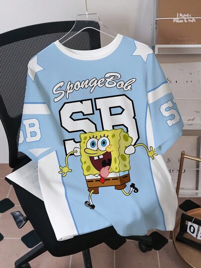 SpongeBob SquarePants | SHEIN Men's Casual Crew Neck Short Sleeve T-Shirt, Versatile For Summer