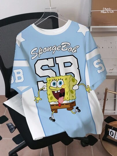 SpongeBob SquarePants | SHEIN Men's Casual Crew Neck Short Sleeve T-Shirt, Versatile For Summer