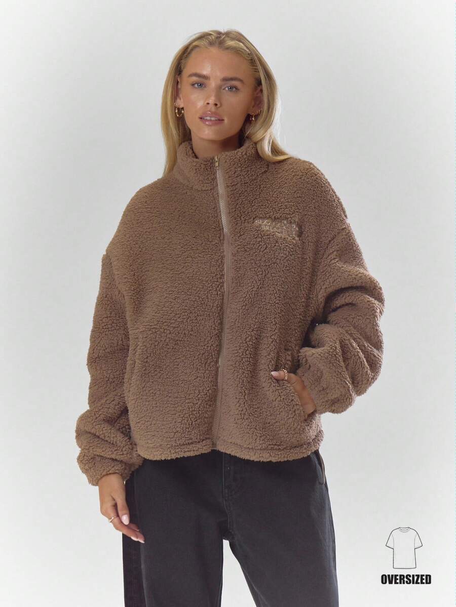 MUSERA High Neck Embroidered Elasticated Toggle Detail Fleece Jacket Cosy Cute Casual Coffee Club Winter - Camel - View 1