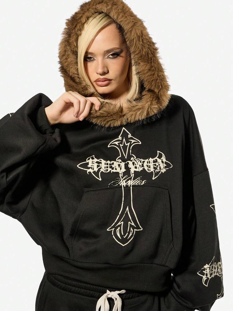 SUMWON WOMEN Halloween Oversized Hoodie With Faux Fur Hood