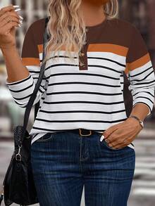 EMERY ROSE Women's Casual Colorblock Striped Print Plus Size T-Shirt, Autumn/Winter - Multicolor - View 3