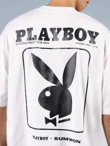 PLAYBOY X SUMWON X Magazine Cover Retro 1984 年 1 月图案超大休闲棉质 T 恤街头服饰 - 白色 - 查看 4