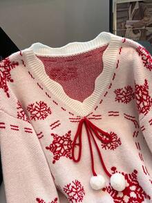 SHEIN LUNE 秋冬女式休闲百搭新款圣诞毛衣 V领长袖雪花图案宽松休闲毛衣 红白配色 冬季女装 秋季女装 圣诞新年 - 彩色 - 查看 3