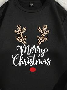 Manfinity Homme Moletom masculino casual e estiloso com estampa de leopardo, chifres e letras, gola redonda, forro térmico, ideal para o Natal, encontros e festas. Perfeito para o outono/inverno. - Preto - Ver 2