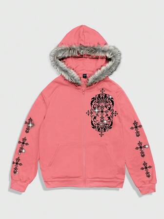 Goth Sudadera casual versátil con capucha y gráfico de cruz vintage con ribete de pelo para hombres, otoño