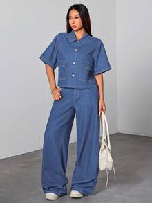 SHEIN 少女纯色水洗深蓝色牛仔衬衫翻领短袖上衣夏季牛仔办公室装学院风女孩秋季衬衫，开学女孩上衣，适合学校、返校节 - 中等水洗藍 - 查看 4