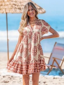 Sylviya 女士休闲沙滩印花连衣裙，夏季度假飘逸波西米亚风连衣裙热带夏威夷服装