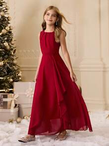 Elegant Burgundy Spaghetti Strap Long Formal Dress For Tween Girls Suitable For Evening Party, Wedding, Prom, Birthday, Graduation, Christmas, Halloween, And Other Occasions Fall Winter - Burgundy - View 6