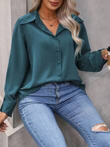 Vionelle Áo sơ mi tay dài đơn hàng khuy đơn màu trơn cỡ lớn dành cho nữ - Màu xanh ngọc - Xem 6