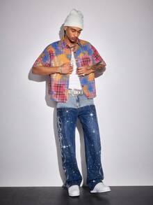 ROMWE MEN Street Life Men's Rhinestone Patchwork Contrast Color Denim Jeans - Blue - View 8