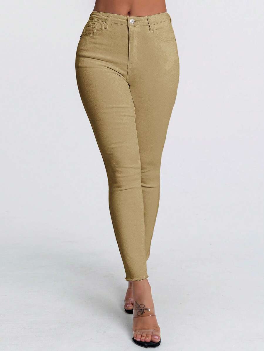 SHEIN Essnce Quần jean bó túi rách màu trơn đơn giản dành cho nữ - Màu Khaki - Xem 1