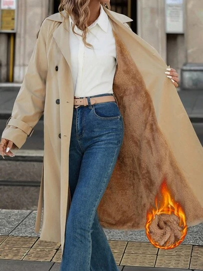 Maija Abrigo de trinchera con forro térmico de unicolor, de manga raglán y doble botonadura, para mujeres, para otoño e invierno