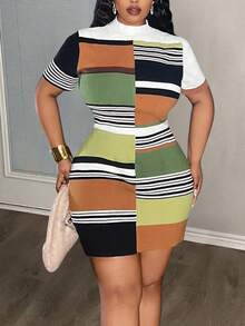 Slaydiva 大码女式立领条纹短袖修身针织连衣裙，适合秋冬季穿着，条纹连衣裙，凸显曲线，修身大码，适合秋冬季穿着。 - 彩色 - 查看 1