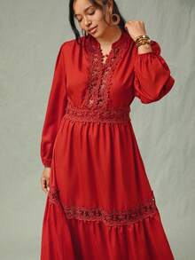 SHEIN VCAY Plus Size Red Autumn Boho Satin Party Dress For Women Elegant Lace Christmas Wedding Guest Winter Chic Business Casual Curve Fairycore Old Money - Rust Brown - View 6