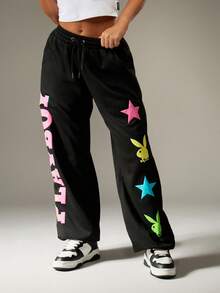 Missguided x Playboy Logo Joggers For Women Relaxed Fit Wide Leg Pants With Colorful Graphics And Drawstring Waist - Black - View 6