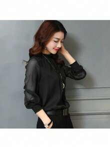 女士透明纯色衬衫，时尚夏装 - 黑色 - 查看 3