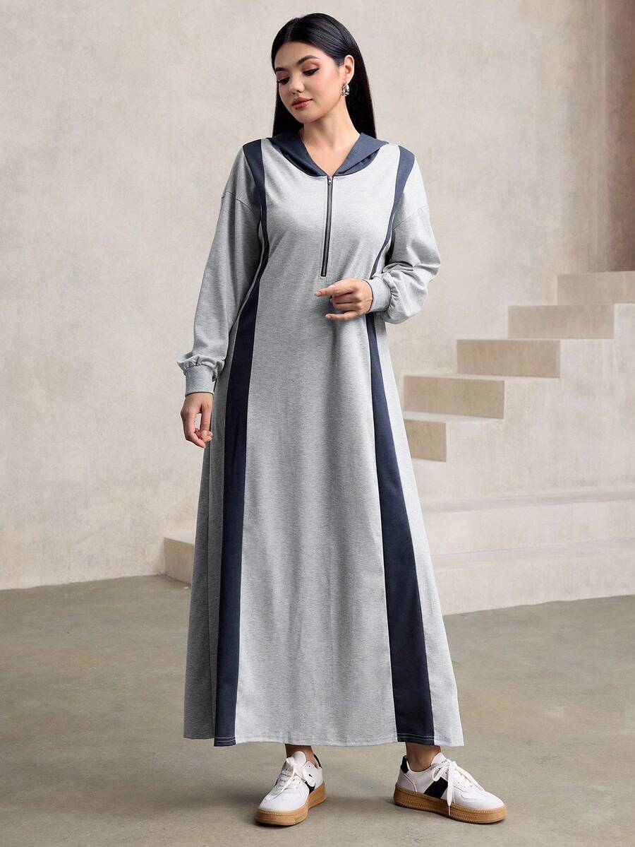 Graceveil 女士休闲撞色拉链连帽卫衣，宽松长款，秋冬 - 彩色 - 查看 1