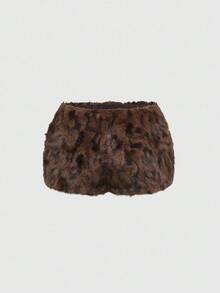 ROMWE Hippie Women's Y2K Harajuku Leopard Faux Fur Crop Top With Star Pocket Two Pieces Set - Brown - View 8