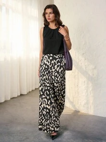 SHEIN Tall 2件套女士优雅度假舒适宽松纯色吊带背心和豹纹阔腿裤套装夏季女装豹纹雪纺 - 黑色 - 查看 5