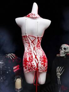 Fantasy Costume Fantasy Costume 4pcs Red & White Blood Bride Print Contrast Color Deep V-Neck Dress Nurse Costume, Women's Lingerie Cosplay For Halloween, Sexy Roleplay - Red and White - View 7