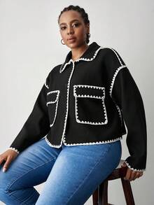 SHEIN Tall CURVE Plus Size Women Flower Trim Drop Shoulder Long Sleeve Casual Jacket, Autumn/Winter - Black and White - View 5