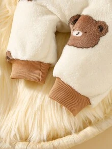 SHEIN 新生男婴杏色卡通泰迪熊毛绒圆领连帽衫和裤子两件套可爱休闲 - 彩色 - 查看 5