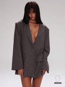 MUSERA Áo blazer kẻ sọc dáng rộng, vừa vặn, thích hợp cho giáo viên, đi học, phong cách thường ngày, đường phố, thể thao, công sở, chạy bộ, mùa đông, dự tiệc, thanh lịch, mùa xuân. - Xám - Xem 1